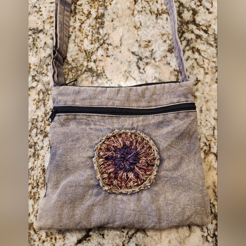 Blue Sky Boho Crossbody Purse, Cotton, Made In Nepal, White Washed Denim EUC